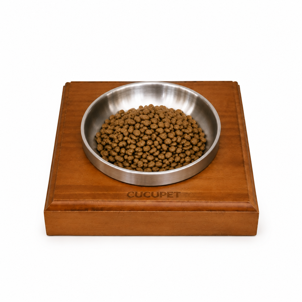 Double-Wall Stainless Steel Pet Food Bowl And Wood Base