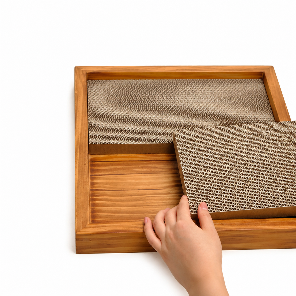 Wooden Cat Scratcher with Replaceable Corrugated Cardboard Pad