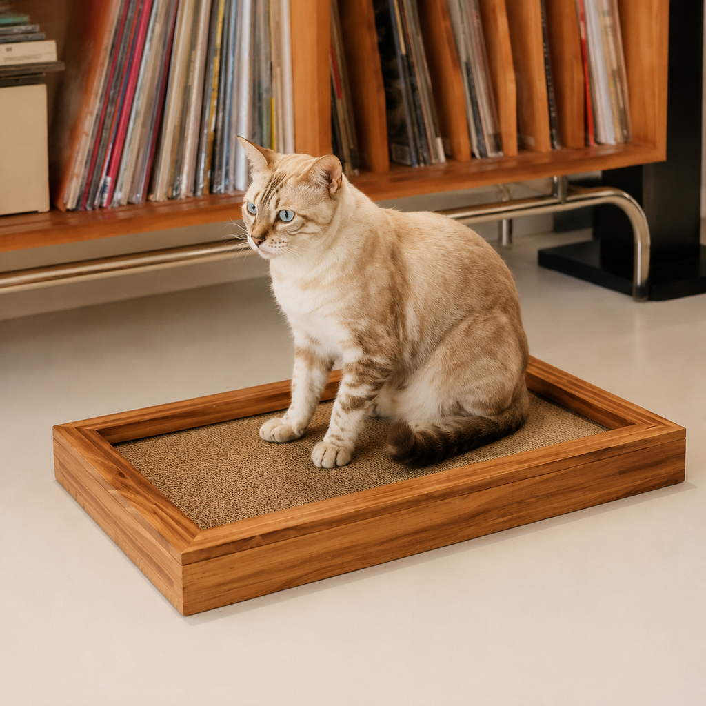 Wooden Cat Scratcher with Replaceable Corrugated Cardboard Pad