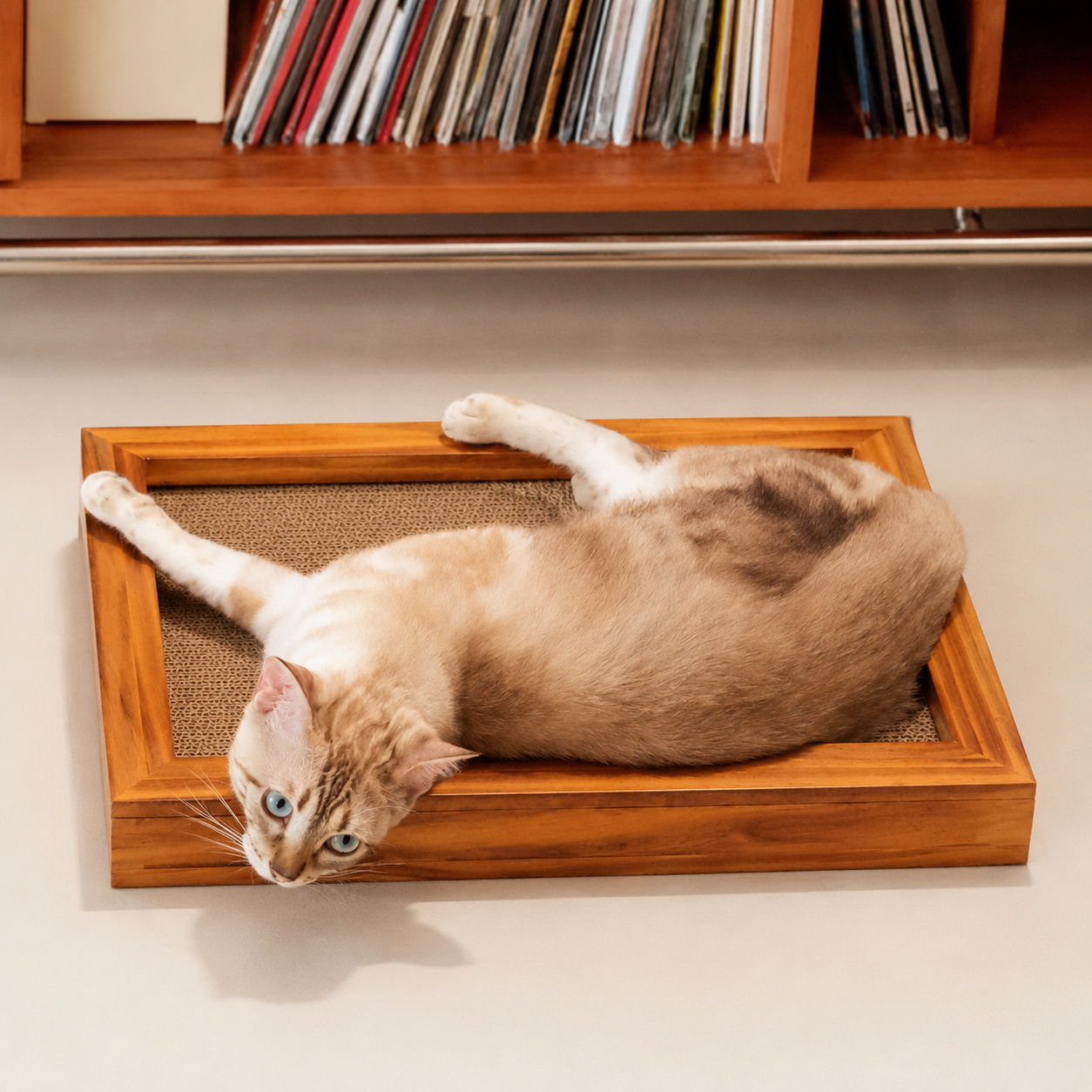 Wooden Cat Scratcher with Replaceable Corrugated Cardboard Pad